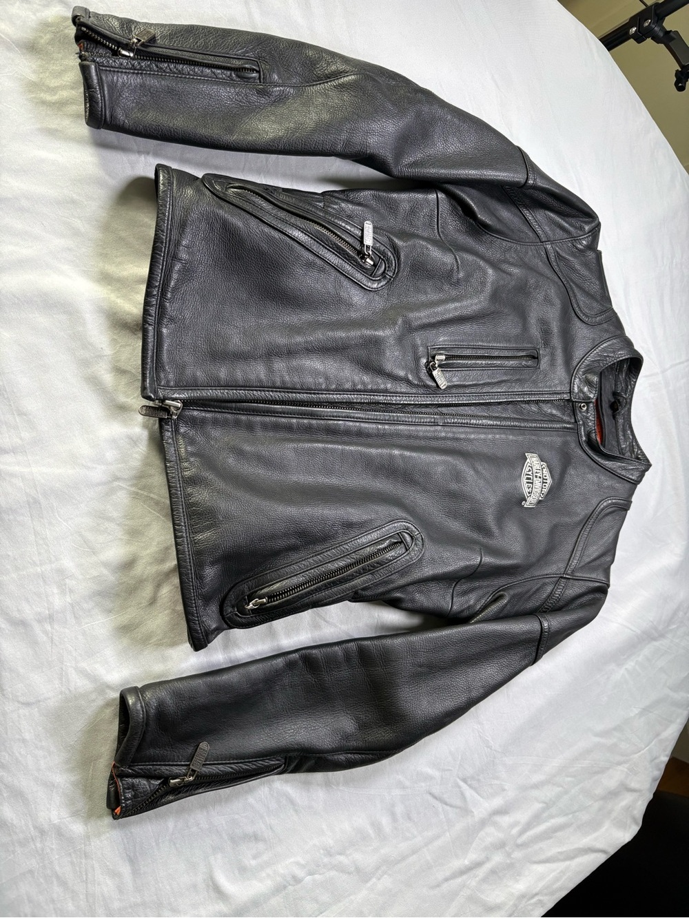 Harley-Davidson Black Leather Bomber Jacket with Zip Pockets